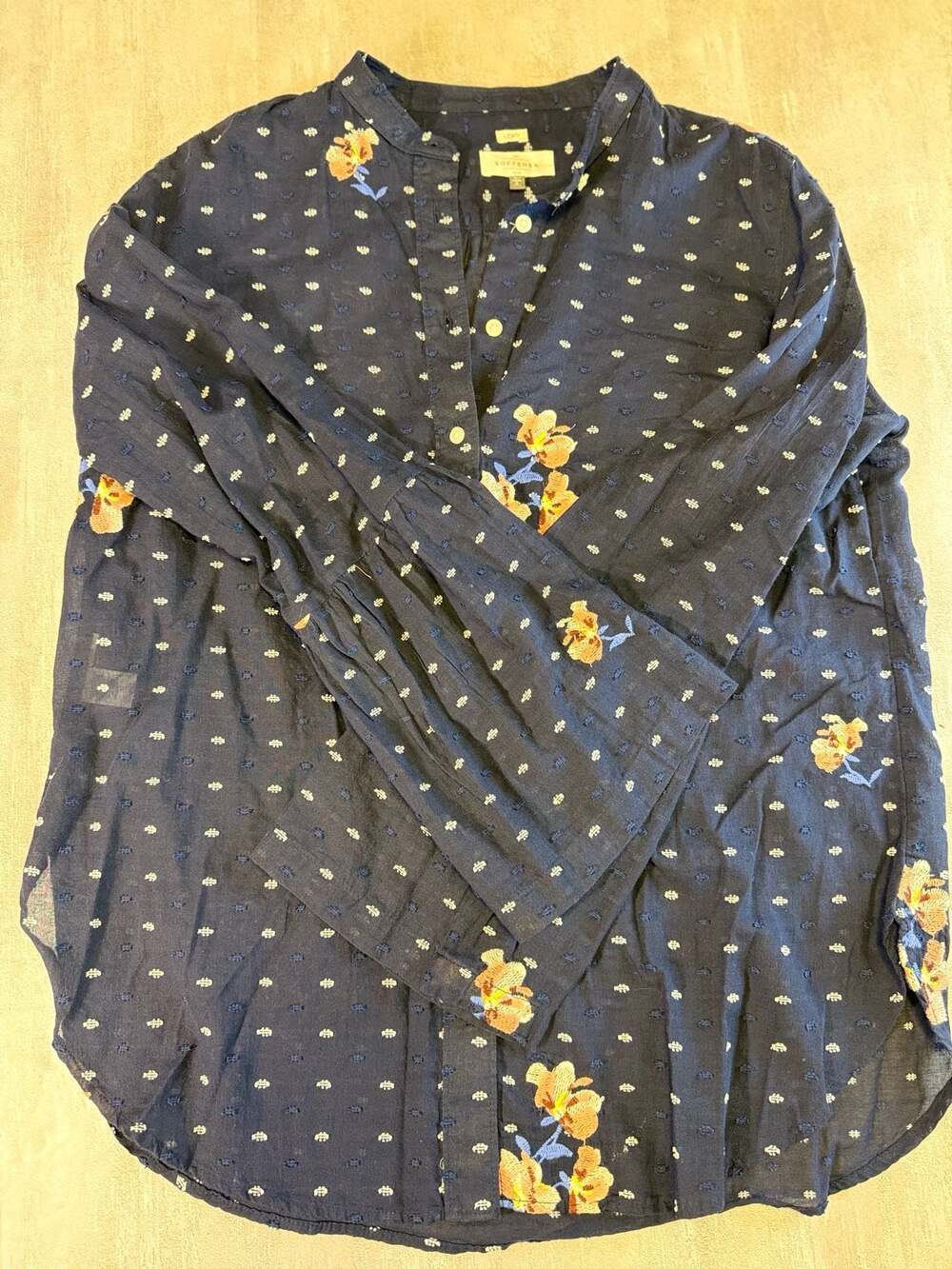LOFT Navy Blue Floral Embroidered Swiss Dot Button Down Shirt Size S